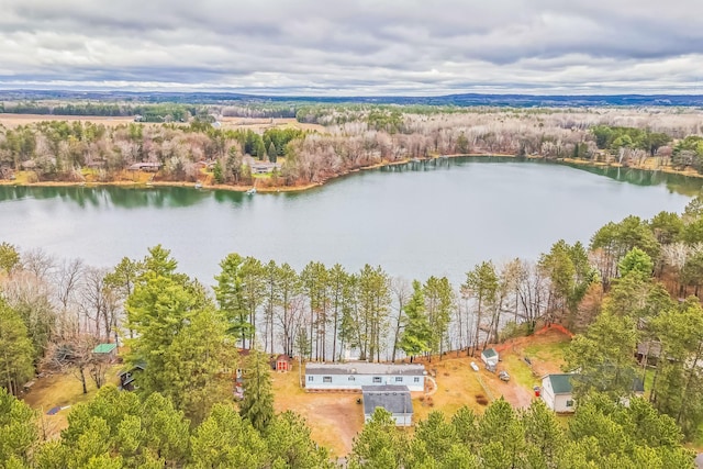 bird's eye view featuring a water view and a view of trees