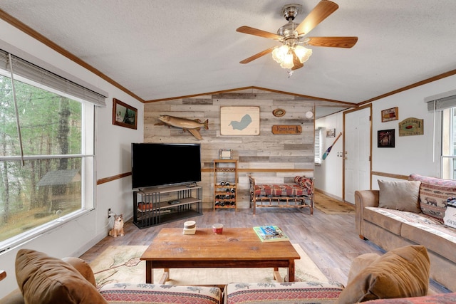 living area with crown molding, wood walls, lofted ceiling, and a wealth of natural light