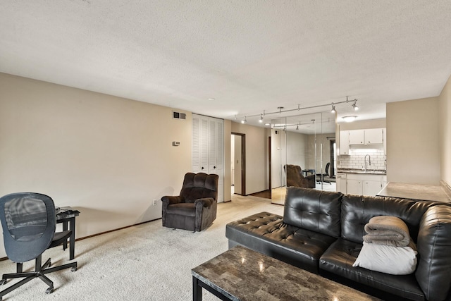 living room featuring sink, light colored carpet, and a textured ceiling