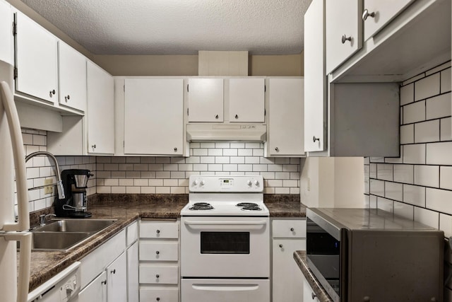 kitchen with white cabinetry, tasteful backsplash, white electric range oven, and a textured ceiling