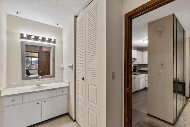 bathroom featuring tasteful backsplash, vanity, and a textured ceiling