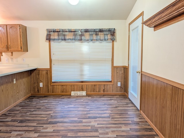 unfurnished dining area featuring dark hardwood / wood-style flooring and wood walls