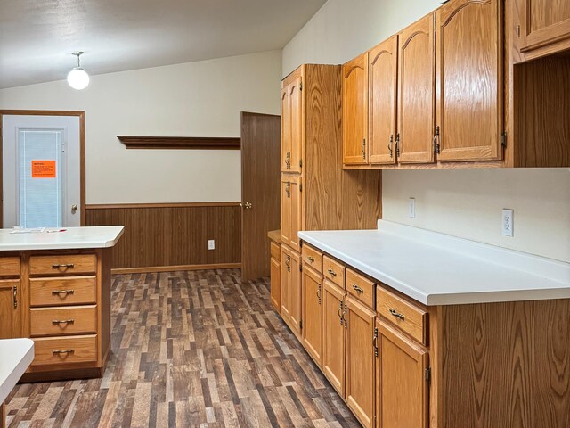 501 Lac Qui Parle Ave N, Canby, MN 56220 - kitchen featuring dark wood finished floors, a wainscoted wall, light countertops, vaulted ceiling, and brown cabinets