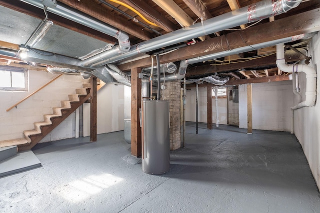 basement with water heater and electric panel