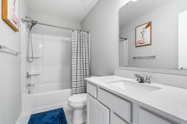 full bathroom featuring shower / bathtub combination with curtain, vanity, toilet, and tile patterned flooring