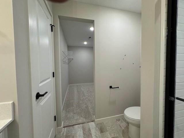 bathroom with vanity, wood-type flooring, and toilet