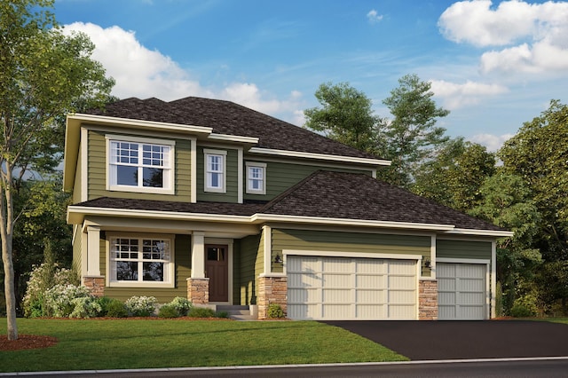 view of front of property with a garage, a front lawn, and covered porch