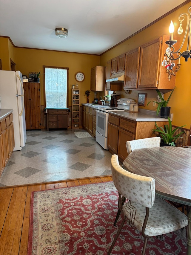 kitchen featuring crown molding, light wood-type flooring, sink, and white appliances