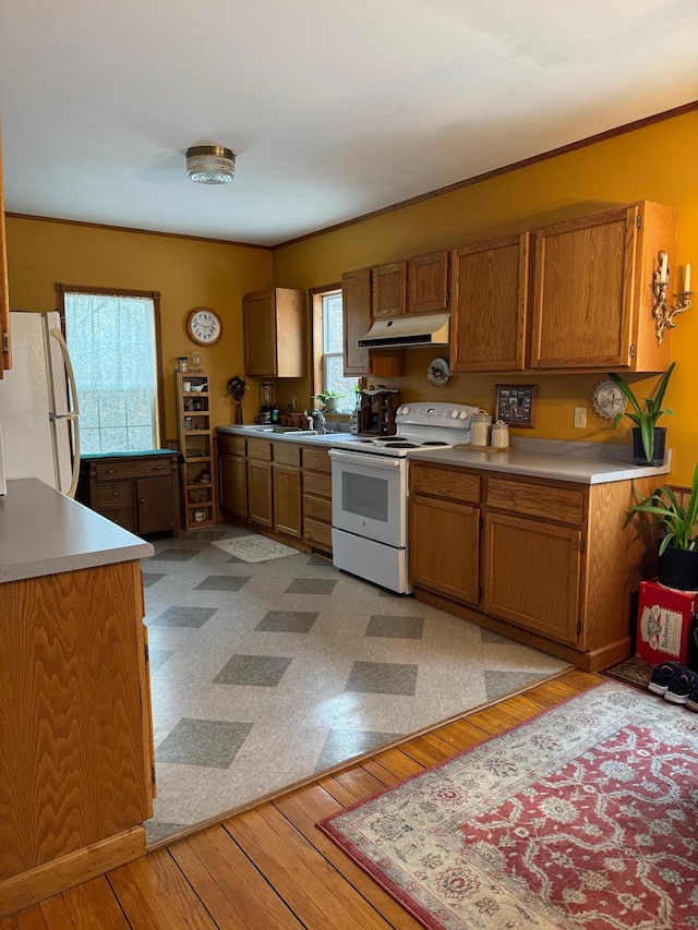 kitchen featuring light wood-type flooring and white appliances