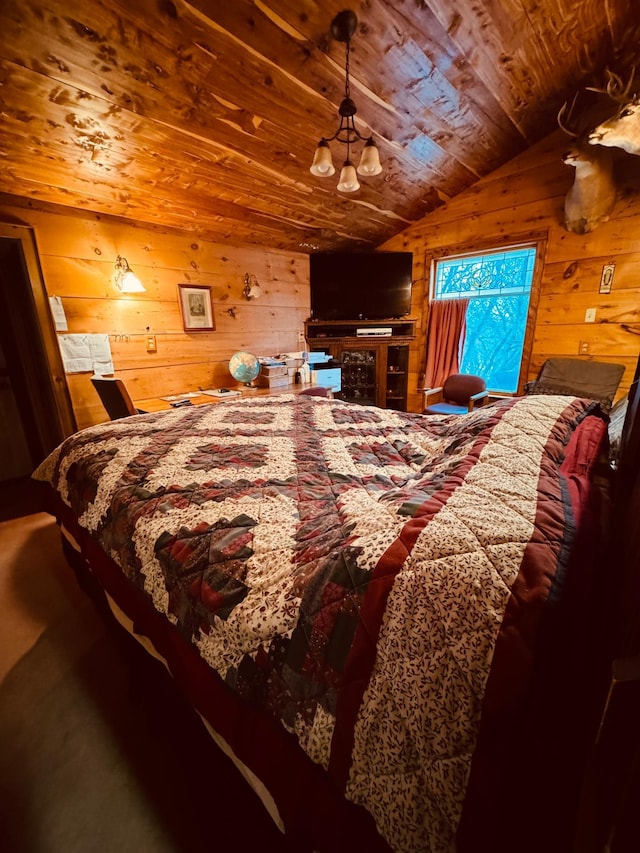 bedroom featuring wood ceiling, wooden walls, and vaulted ceiling