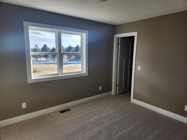 spare room featuring a textured ceiling and carpet flooring