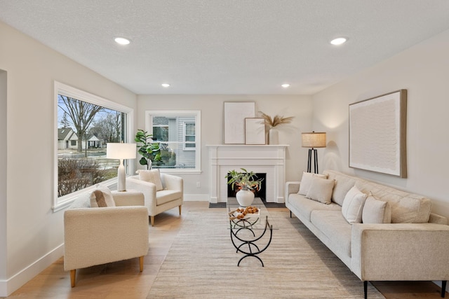 living room featuring light hardwood / wood-style flooring and a textured ceiling