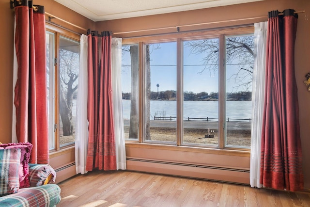 entryway featuring light wood-type flooring, a baseboard heating unit, plenty of natural light, and a water view