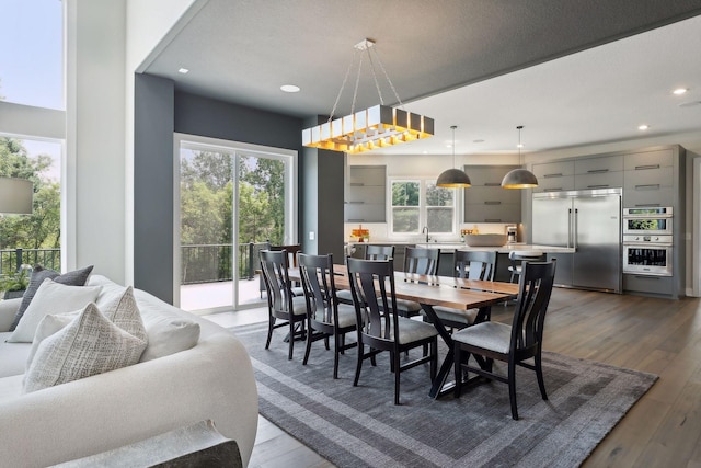 dining space with dark hardwood / wood-style flooring and sink