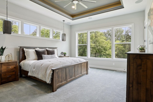 bedroom featuring light carpet, a tray ceiling, and multiple windows