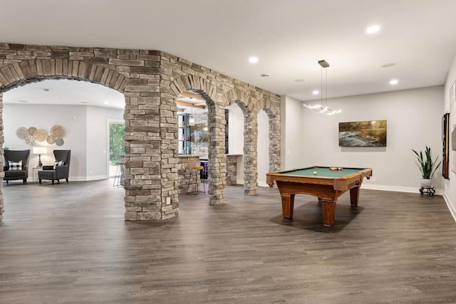 rec room with pool table, dark wood-type flooring, and ornate columns