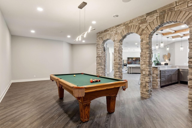 game room with dark wood-type flooring, billiards, and decorative columns