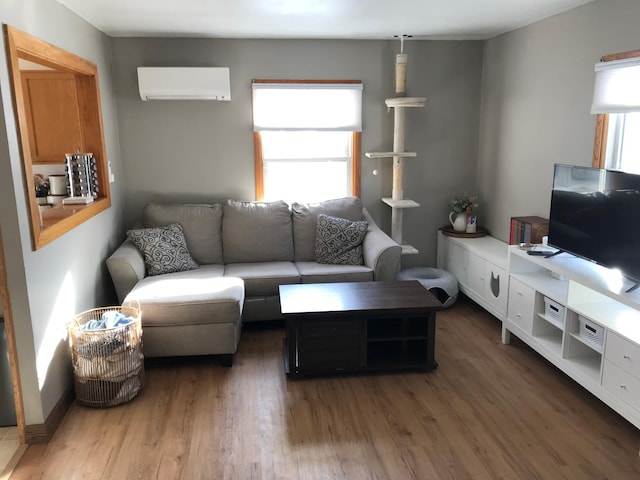 living room with dark hardwood / wood-style floors and a wall mounted AC