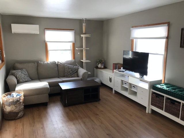 living room featuring an AC wall unit and dark hardwood / wood-style floors