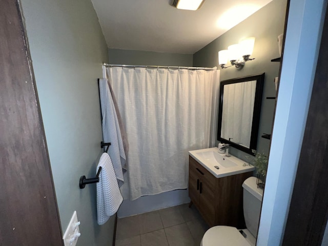 full bathroom featuring vanity, tile patterned floors, shower / bath combination with curtain, and toilet