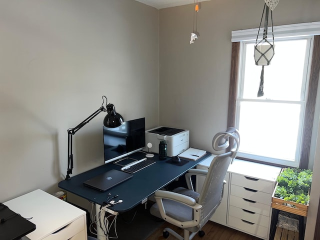 home office with dark hardwood / wood-style floors