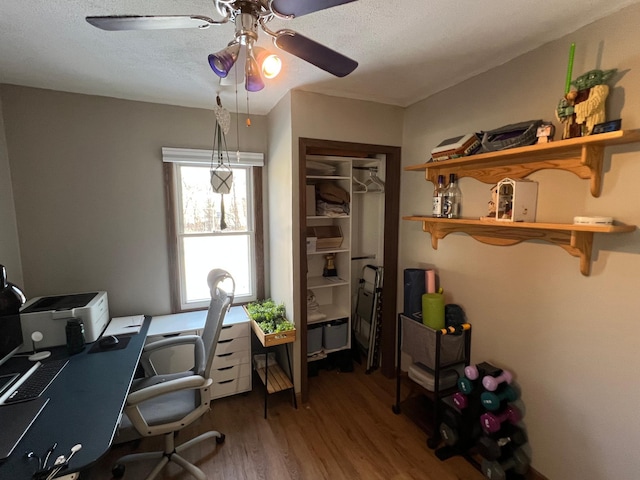 office space with hardwood / wood-style flooring, ceiling fan, and a textured ceiling