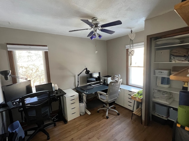 home office featuring ceiling fan, a healthy amount of sunlight, wood-type flooring, and a textured ceiling