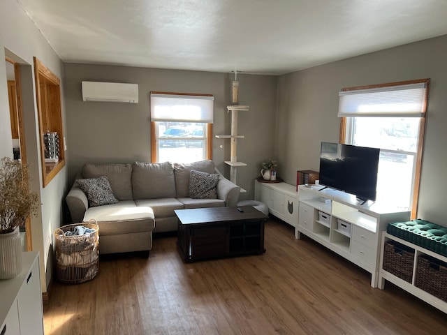 living room featuring a wall mounted air conditioner and dark hardwood / wood-style flooring