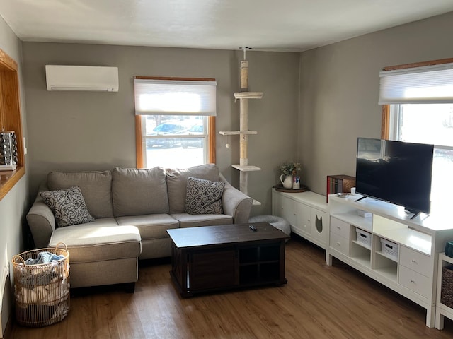 living room featuring dark wood-type flooring and a wall unit AC