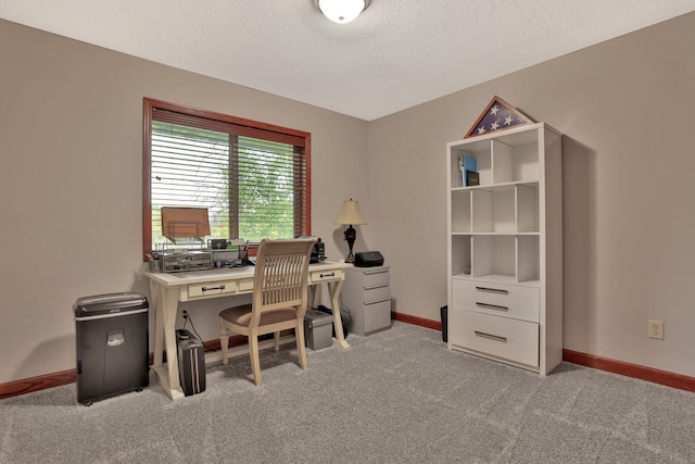 office space featuring light colored carpet and a textured ceiling