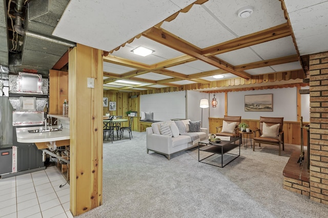 carpeted living room featuring sink and wood walls