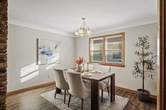 dining area with hardwood / wood-style flooring and a chandelier