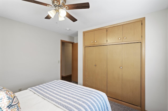 bedroom featuring ceiling fan and a closet