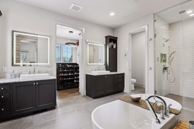 full bathroom with vanity, toilet, and independent shower and bath