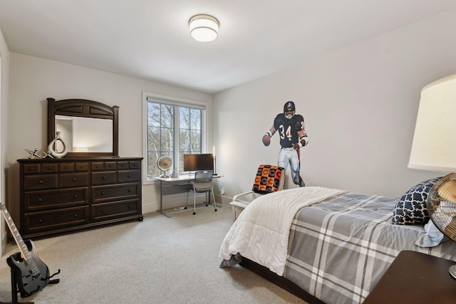 bedroom with light colored carpet