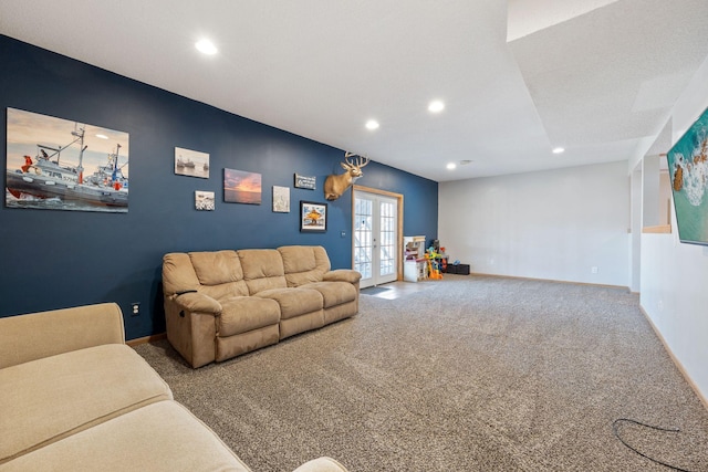 carpeted living room with recessed lighting, baseboards, and french doors