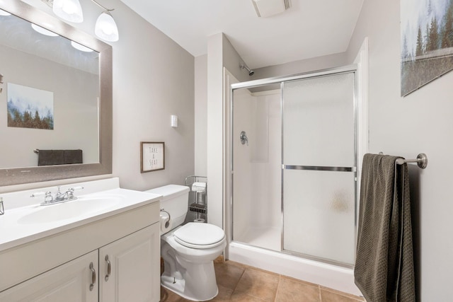 bathroom featuring vanity, toilet, tile patterned floors, visible vents, and a stall shower