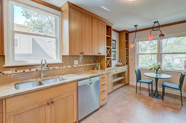 5524 Columbus Ave, Minneapolis, MN 55417 - kitchen featuring stainless steel dishwasher, open shelves, tasteful backsplash, light stone countertops, and ornamental molding