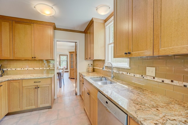 5524 Columbus Ave, Minneapolis, MN 55417 - kitchen featuring stainless steel dishwasher, backsplash, ornamental molding, light stone counters, and light stone finish floors