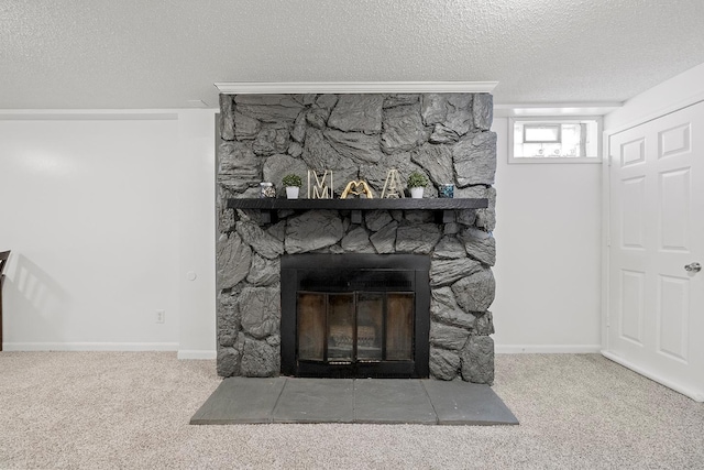 details with carpet flooring, a stone fireplace, and a textured ceiling