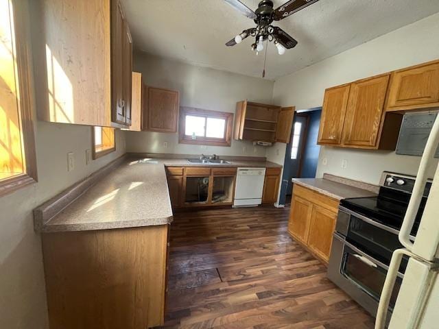 kitchen featuring ceiling fan, dark wood-type flooring, double oven range, a sink, and white dishwasher