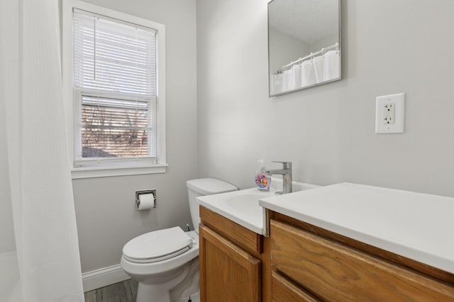 bathroom featuring vanity, wood-type flooring, and toilet