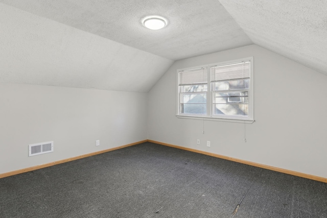 additional living space with lofted ceiling, carpet floors, and a textured ceiling