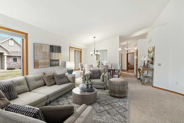 living area featuring an inviting chandelier, visible vents, light carpet, baseboards, and vaulted ceiling