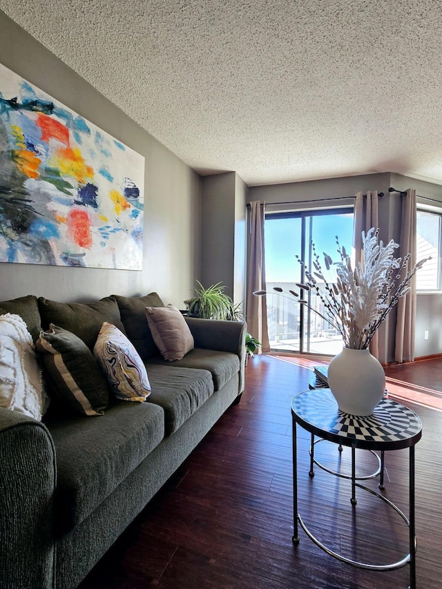 living room with dark wood-type flooring and a textured ceiling