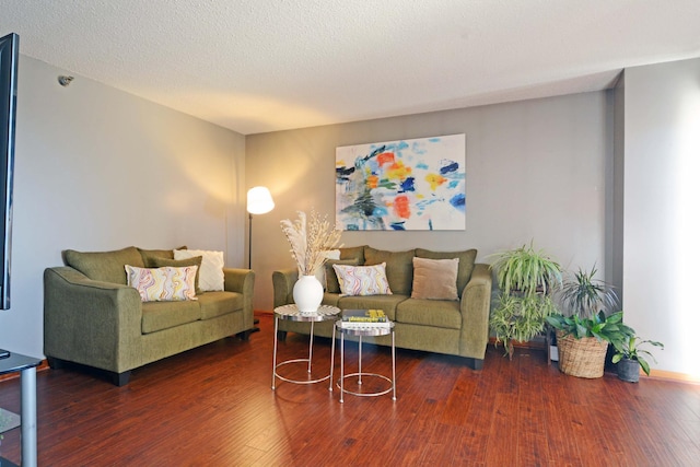 living area featuring a textured ceiling and wood finished floors