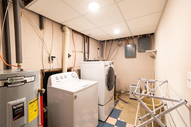 washroom featuring electric water heater, electric panel, and washer and clothes dryer