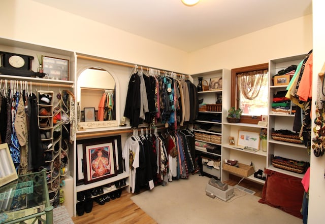 walk in closet with wood-type flooring