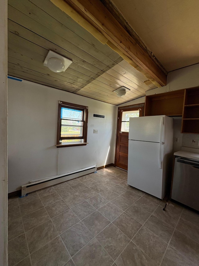 20 1st Ave NW, Plainview, MN 55964 - kitchen featuring freestanding refrigerator, a baseboard heating unit, dishwasher, plenty of natural light, and wood ceiling