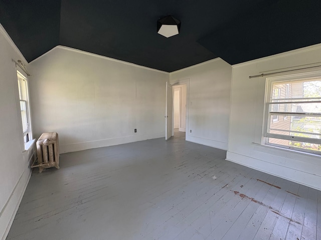 20 1st Ave NW, Plainview, MN 55964 - unfurnished room featuring hardwood / wood-style floors, vaulted ceiling, radiator heating unit, and baseboards